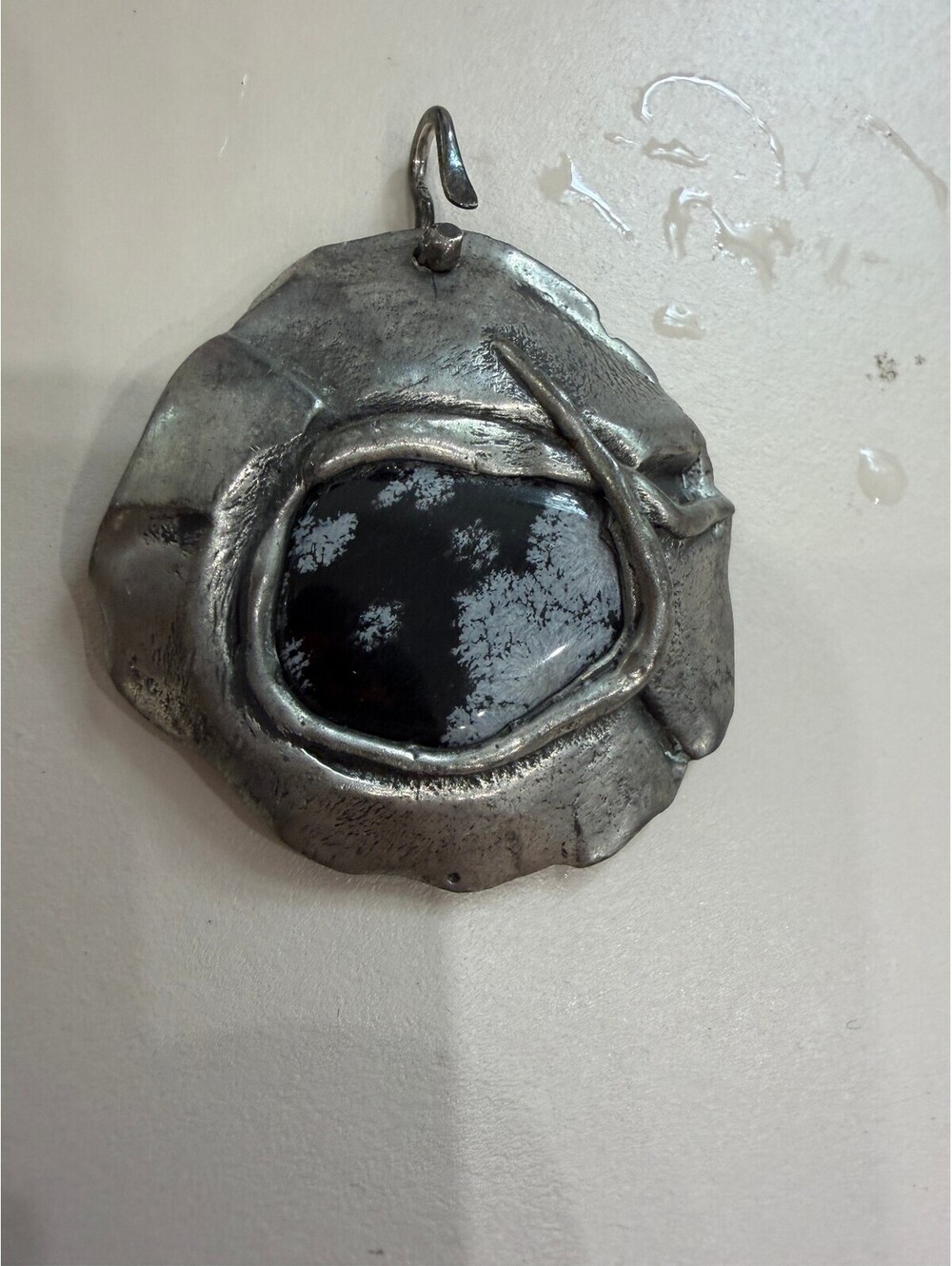 Handcrafted Silver Toned Pendant with Black Stone Center